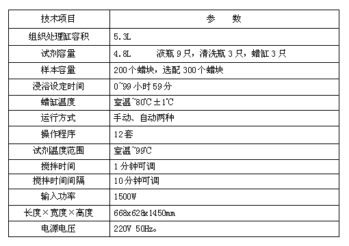 病理自动组织脱水机技术参数展示